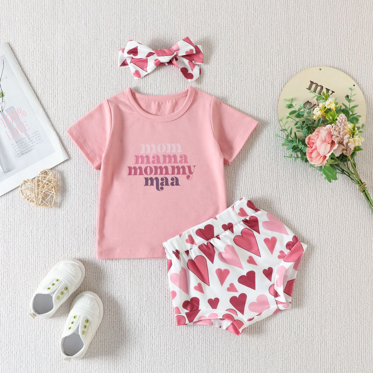 3 Pieces Set Baby Girls Letters Print T-Shirts And Leopard Love heart Checked Shorts And Bow Headwear Wholesale 230407275