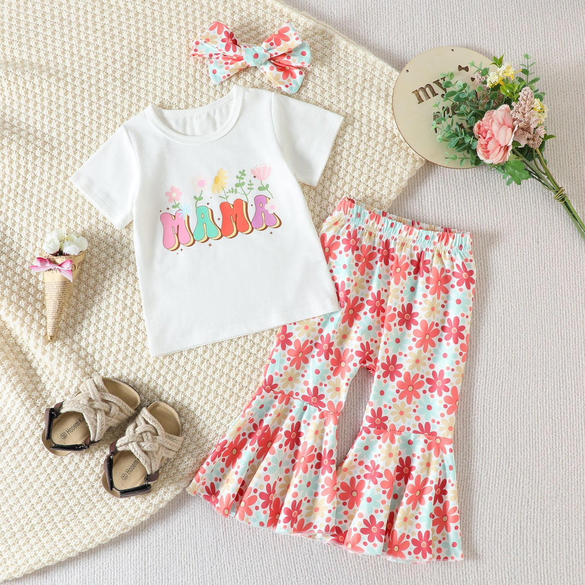 2 Pieces Set Baby Kid Girls Print T-Shirts Striped And Stripe Letters Flower Pants Wholesale 230407405