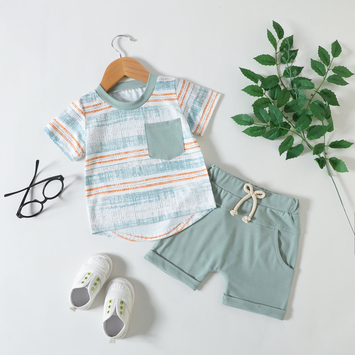 2 Pieces Set Baby Kid Boys Striped Tops And Solid Color Shorts Wholesale 230407448