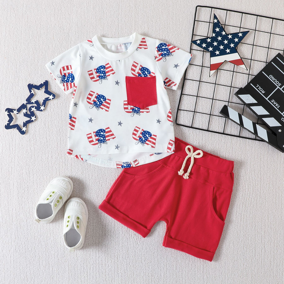 2 Pieces Set Baby Kid Boys Independence Day Star Print Tops And Solid Color Shorts Wholesale 230407466