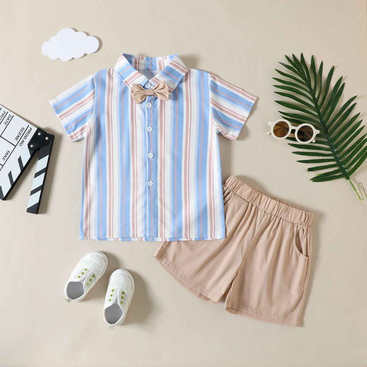 2 Pieces Set Baby Kid Boys Birthday Party Striped Bow Shirts And Solid Color Shorts Wholesale 230407476