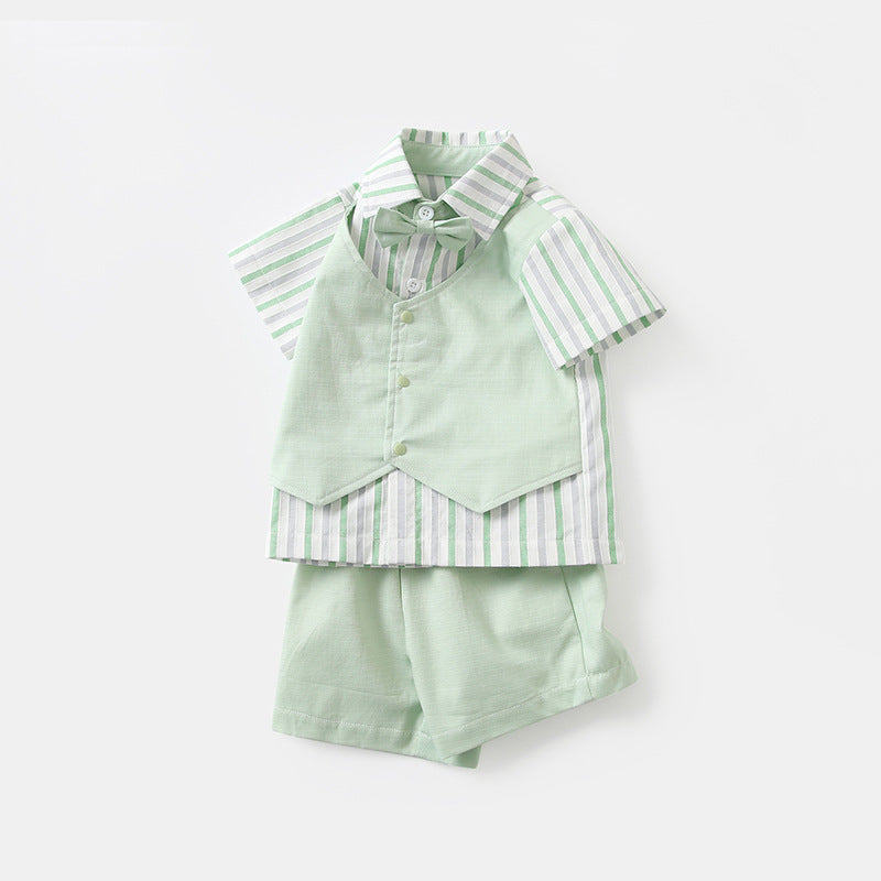 2 Pieces Set Baby Kid Boys Striped Bow Tops And Solid Color Shorts Wholesale 230407534