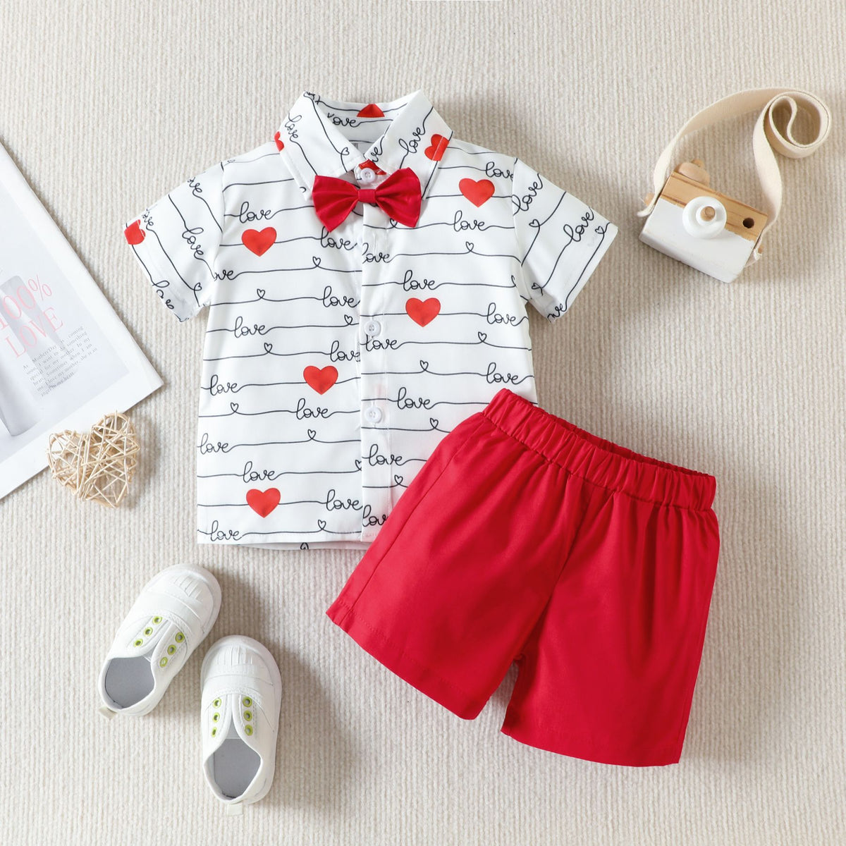 2 Pieces Set Baby Kid Boys Letters Love heart Print Shirts And Solid Color Shorts Wholesale 23040768