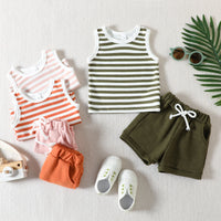 Load image into Gallery viewer, 2 Pieces Set Baby Kid Girls Boys Striped Tank Tops And Solid Color Shorts Wholesale 23040769
