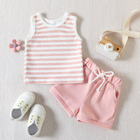 Load image into Gallery viewer, 2 Pieces Set Baby Kid Girls Boys Striped Tank Tops And Solid Color Shorts Wholesale 23040769
