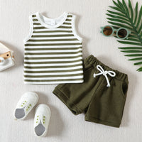 Load image into Gallery viewer, 2 Pieces Set Baby Kid Girls Boys Striped Tank Tops And Solid Color Shorts Wholesale 23040769
