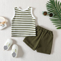 Load image into Gallery viewer, 2 Pieces Set Baby Kid Girls Boys Striped Tank Tops And Solid Color Shorts Wholesale 23040769
