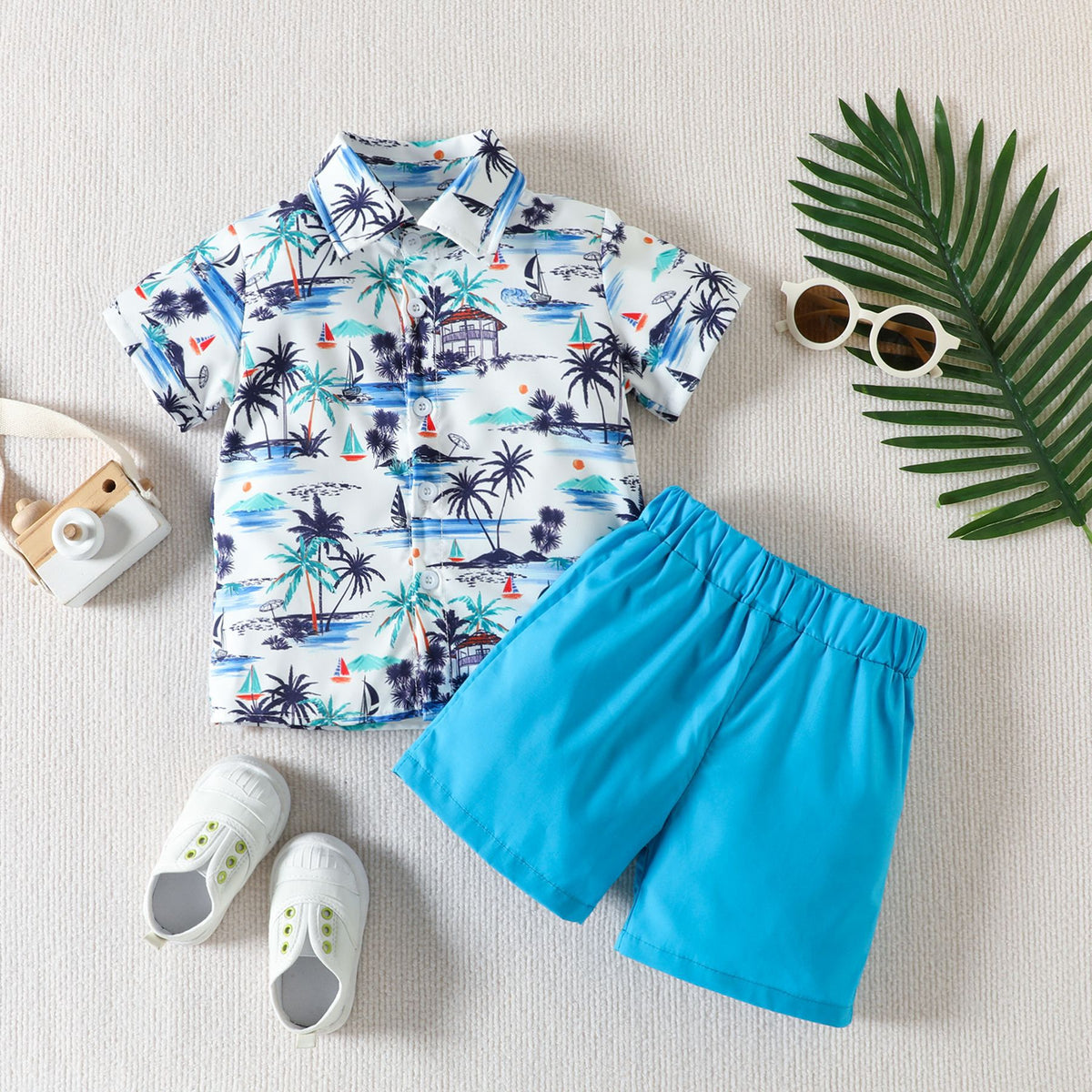 2 Pieces Set Baby Kid Boys Beach Plant Print Shirts And Solid Color Shorts Wholesale 23040788