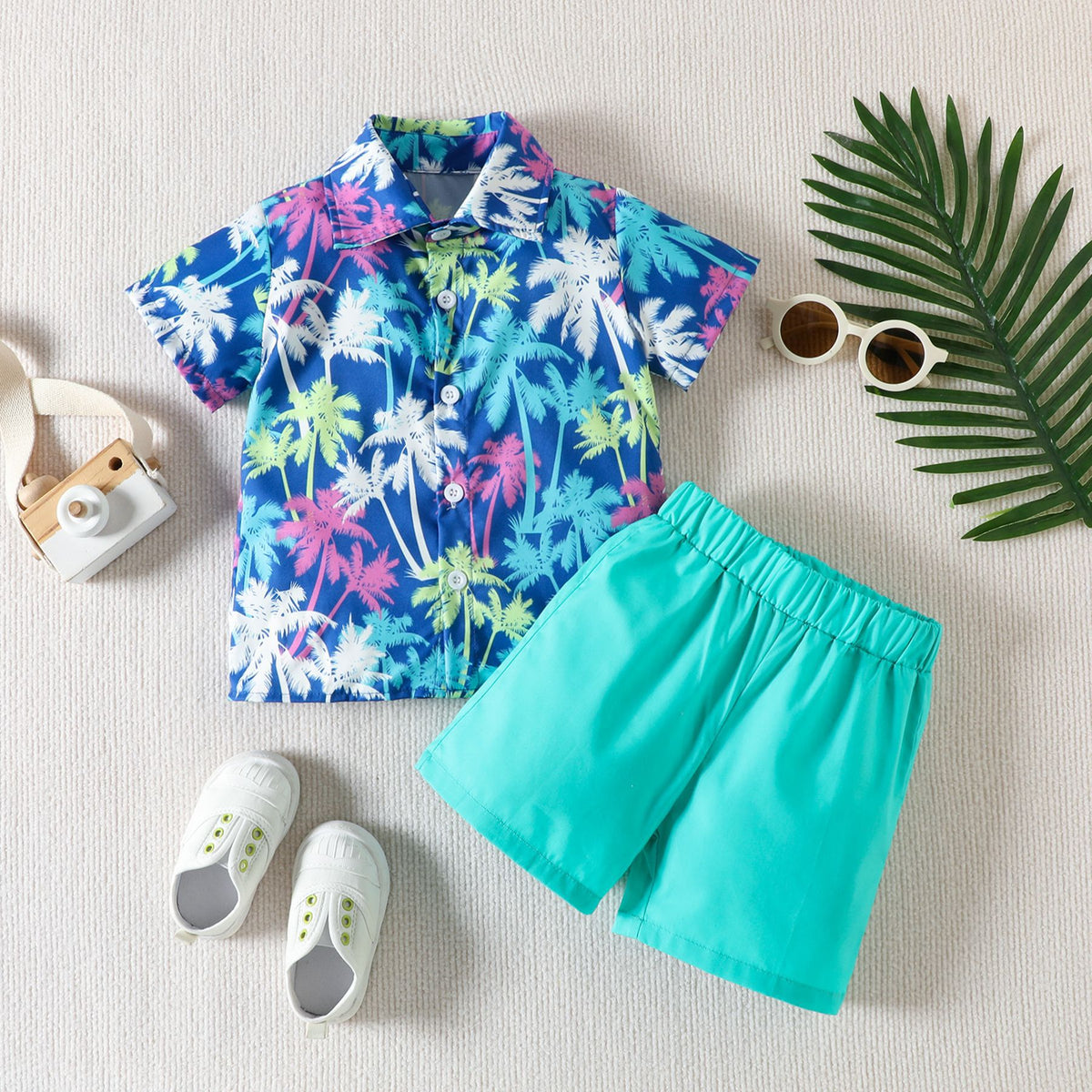 2 Pieces Set Baby Kid Boys Beach Color-blocking Plant Print Shirts And Solid Color Shorts Wholesale 23040793