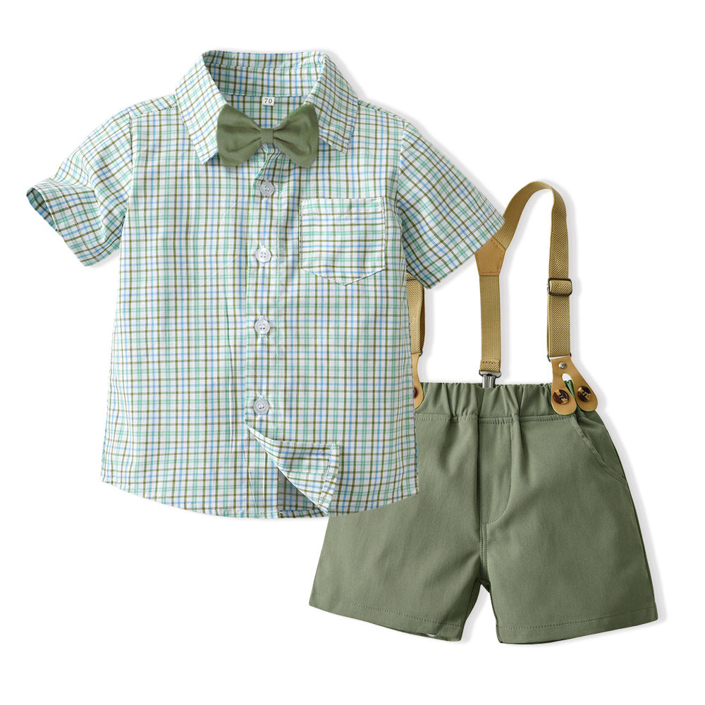 2 Pieces Set Baby Kid Boys Checked Bow Shirts And Solid Color Rompers Wholesale 230411108