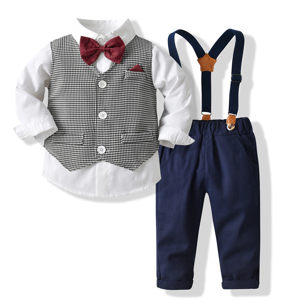 3 Pieces Set Baby Kid Boys Dressy Solid Color Bow Shirts Checked Vests Waistcoats And Jumpsuits Wholesale 230411109