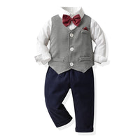 Load image into Gallery viewer, 3 Pieces Set Baby Kid Boys Dressy Solid Color Bow Shirts Checked Vests Waistcoats And Jumpsuits Wholesale 230411109

