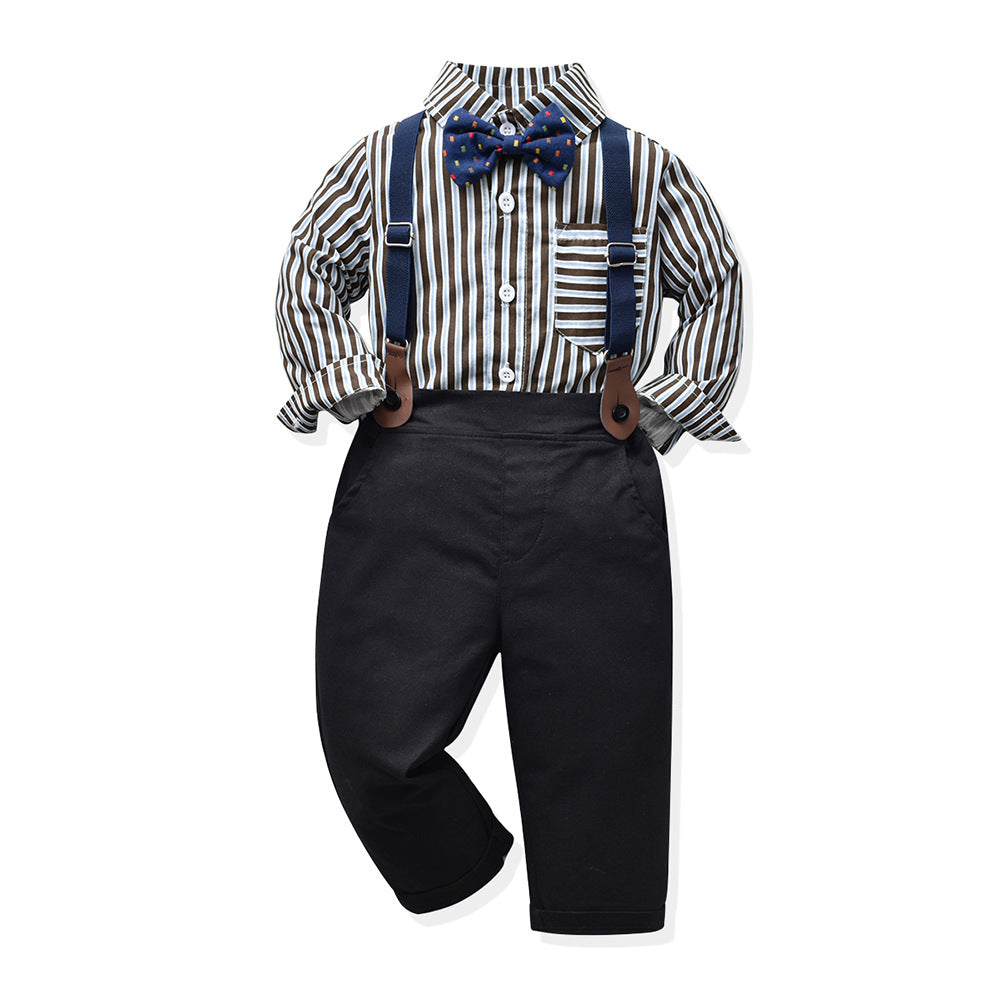 2 Pieces Set Baby Kid Boys Dressy Striped Bow Shirts And Solid Color Jumpsuits Wholesale 230411113