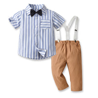 Load image into Gallery viewer, 2 Pieces Set Baby Kid Boys Dressy Striped Bow Shirts And Solid Color Jumpsuits Wholesale 230411114
