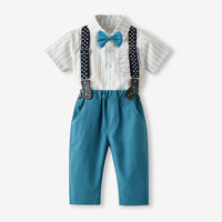 Load image into Gallery viewer, 2 Pieces Set Baby Kid Boys Dressy Striped Bow Shirts And Solid Color Jumpsuits Wholesale 230411114
