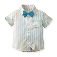 Load image into Gallery viewer, 2 Pieces Set Baby Kid Boys Dressy Striped Bow Shirts And Solid Color Jumpsuits Wholesale 230411114
