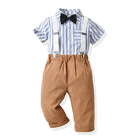 Load image into Gallery viewer, 2 Pieces Set Baby Kid Boys Dressy Striped Bow Shirts And Solid Color Jumpsuits Wholesale 230411114
