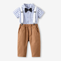 Load image into Gallery viewer, 2 Pieces Set Baby Kid Boys Dressy Striped Bow Shirts And Solid Color Jumpsuits Wholesale 230411114
