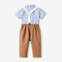 Load image into Gallery viewer, 2 Pieces Set Baby Kid Boys Dressy Striped Bow Shirts And Solid Color Jumpsuits Wholesale 230411114
