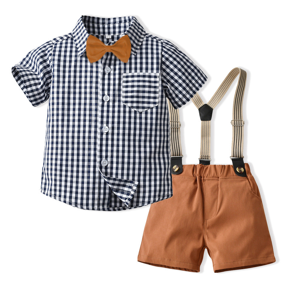 2 Pieces Set Baby Kid Boys Dressy Checked Bow Shirts And Solid Color Rompers Wholesale 230411117