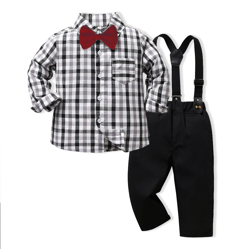 2 Pieces Set Baby Kid Boys Dressy Checked Bow Shirts And Solid Color Jumpsuits Wholesale 230411118