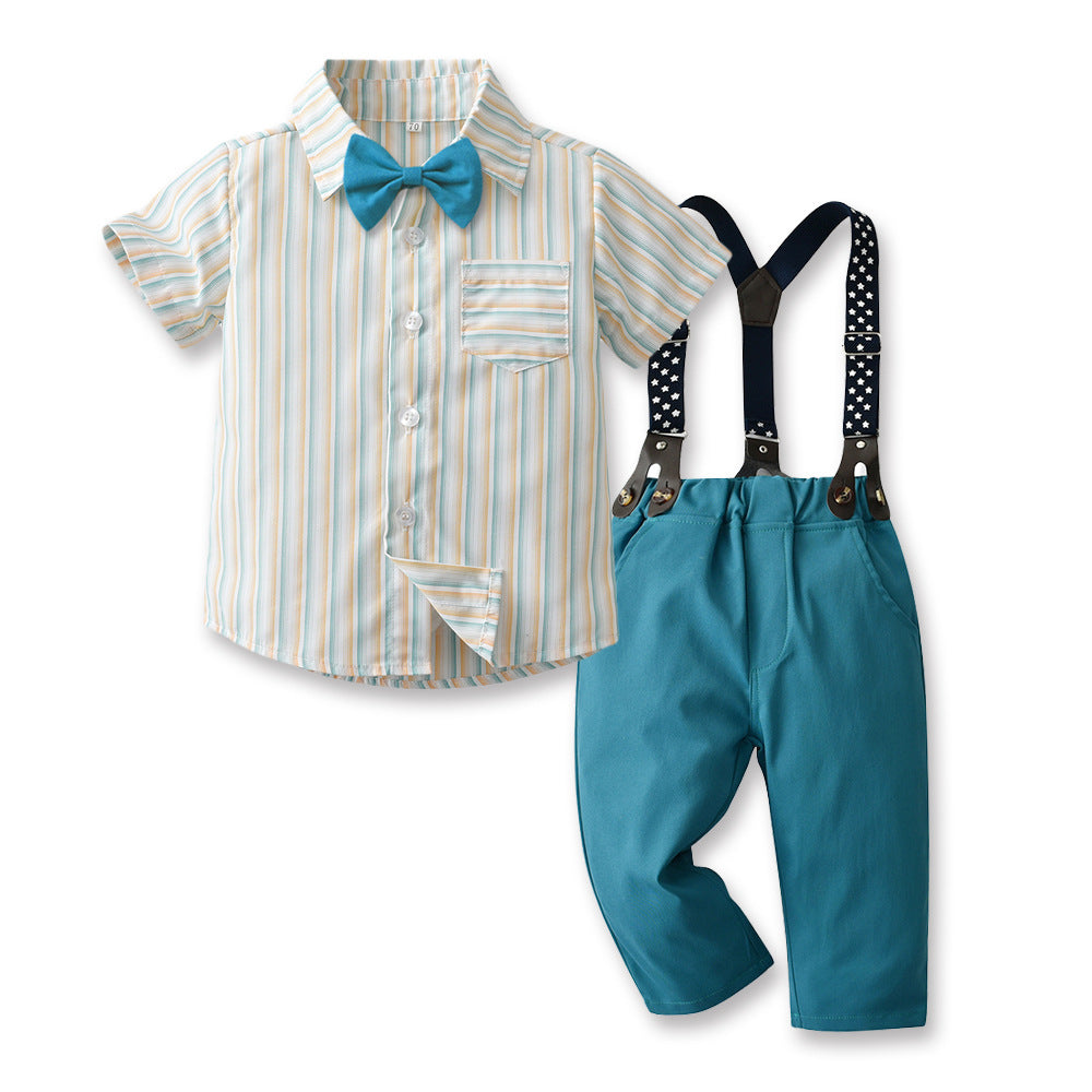 2 Pieces Set Baby Kid Boys Striped Bow Tops And Solid Color Jumpsuits Wholesale 230411119