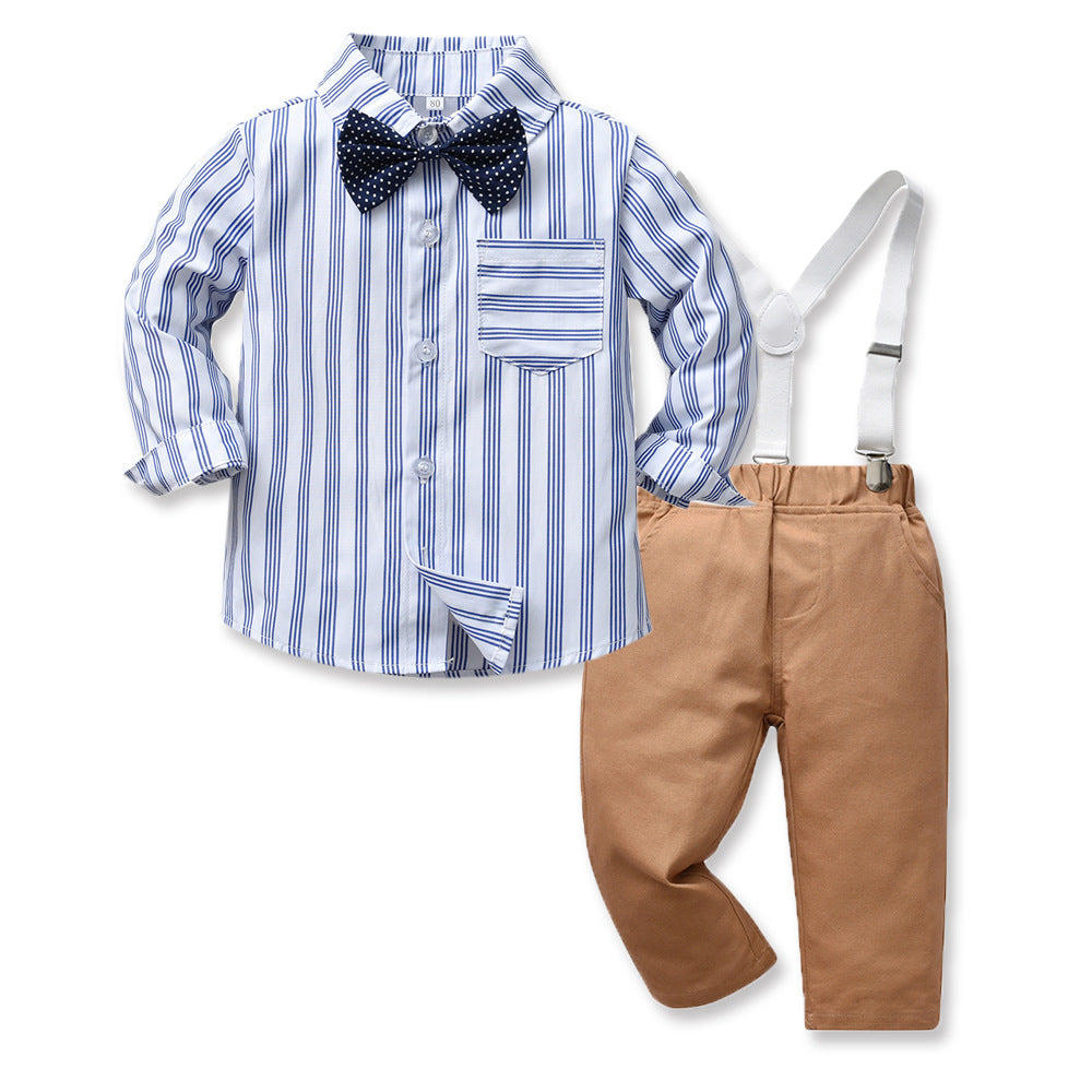 2 Pieces Set Baby Kid Boys Dressy Striped Bow Shirts And Solid Color Jumpsuits Wholesale 230411120