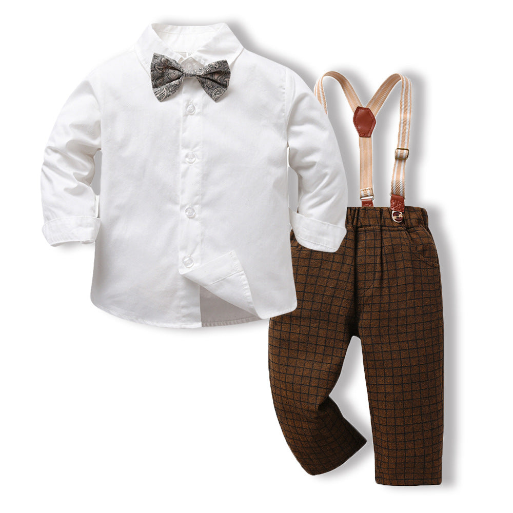 2 Pieces Set Baby Kid Boys Dressy Bow Shirts And Checked Jumpsuits Wholesale 230411122