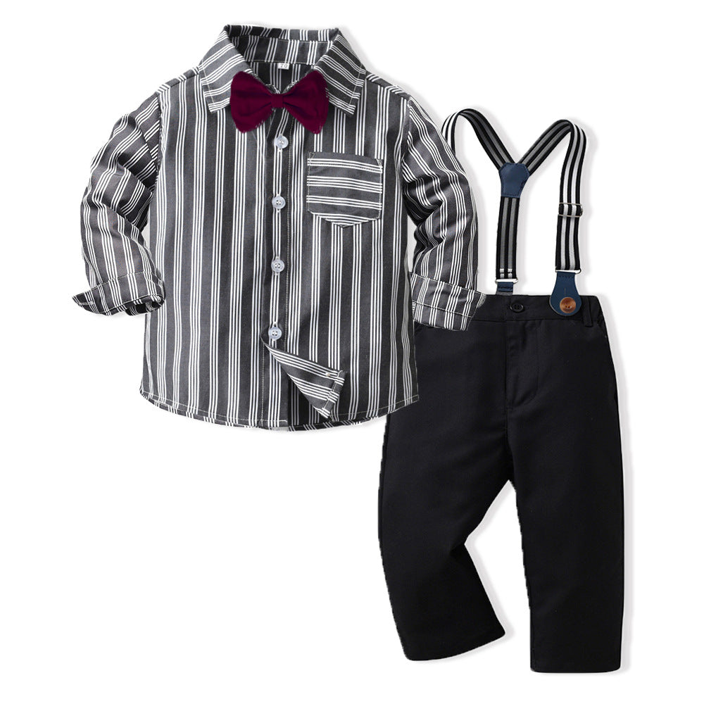 2 Pieces Set Baby Kid Boys Dressy Striped Bow Shirts And Solid Color Jumpsuits Wholesale 230411125