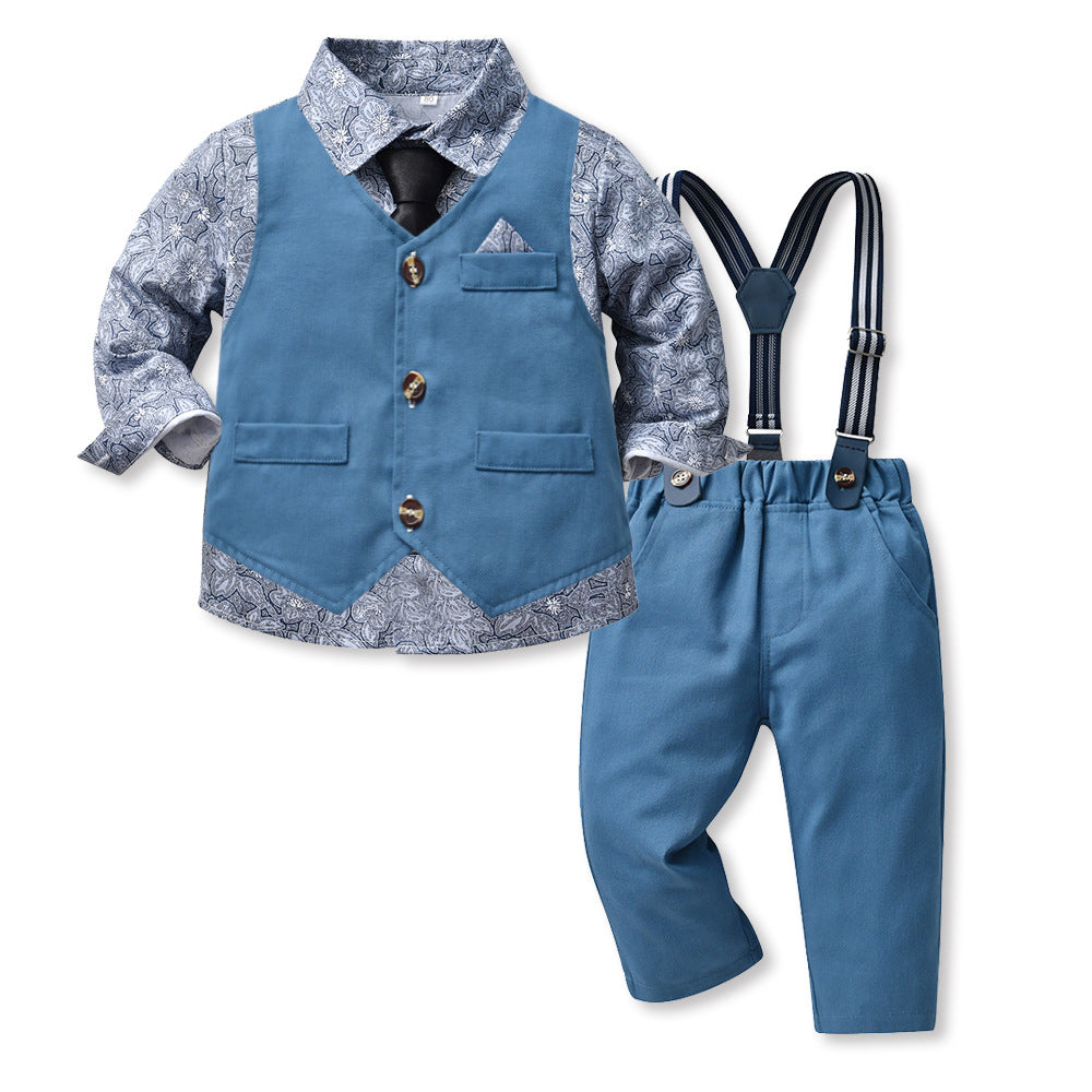 3 Pieces Set Baby Kid Boys Dressy Flower Bow Print Shirts Solid Color Vests Waistcoats And Jumpsuits Wholesale 230411128