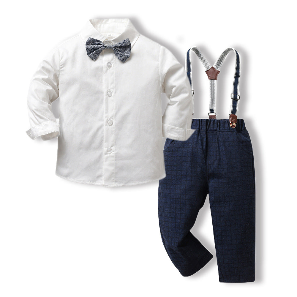 2 Pieces Set Baby Kid Boys Solid Color Bow Shirts And Checked Pants Wholesale 230411129