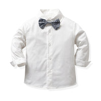 Load image into Gallery viewer, 2 Pieces Set Baby Kid Boys Solid Color Bow Shirts And Checked Pants Wholesale 230411129
