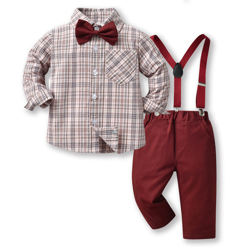 2 Pieces Set Baby Kid Big Kid Boys Dressy Checked Bow Shirts And Solid Color Jumpsuits Wholesale 230411131