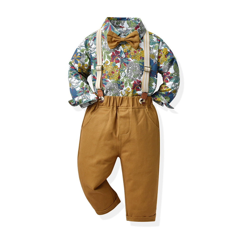 2 Pieces Set Baby Kid Boys Flower Print Shirts And Solid Color Jumpsuits Wholesale 230411134