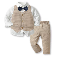 Load image into Gallery viewer, 3 Pieces Set Baby Kid Boys Solid Color Bow Shirts Checked Vests Waistcoats And Pants Wholesale 230411136
