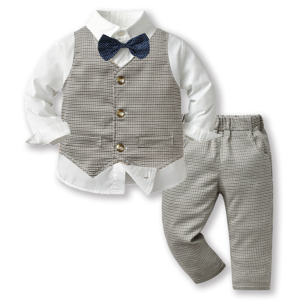3 Pieces Set Baby Kid Boys Solid Color Bow Shirts Checked Vests Waistcoats And Pants Wholesale 230411136