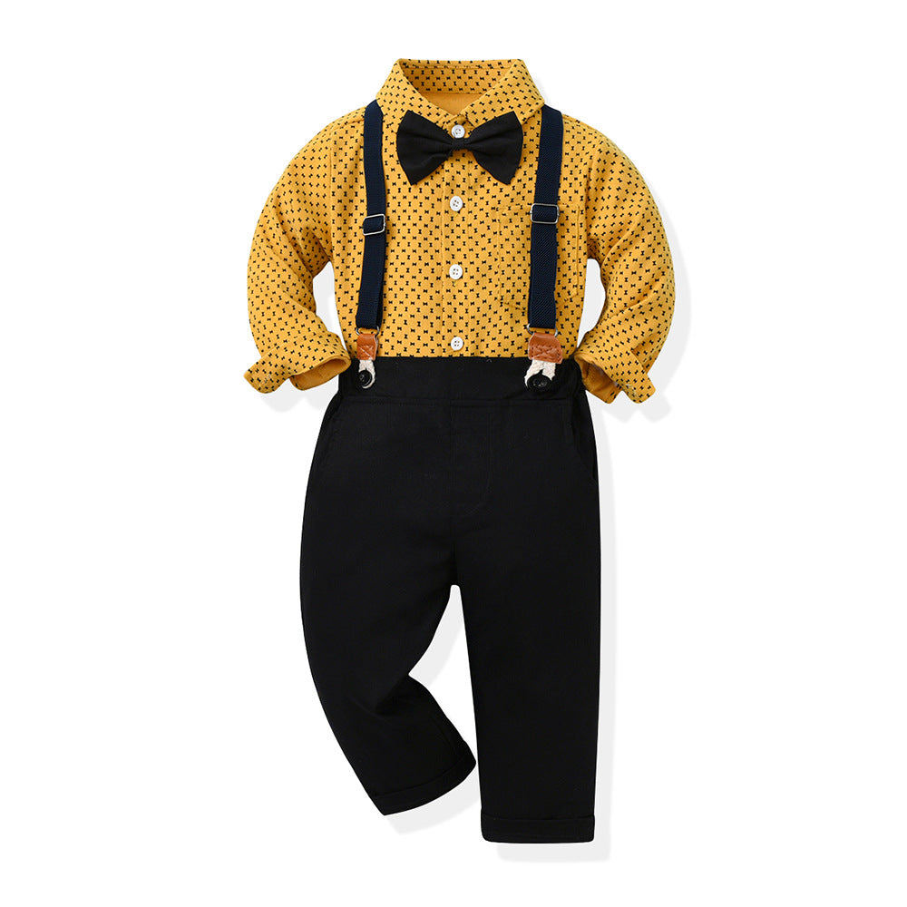 2 Pieces Set Baby Kid Boys Bow Print Tops And Solid Color Jumpsuits Wholesale 230411139