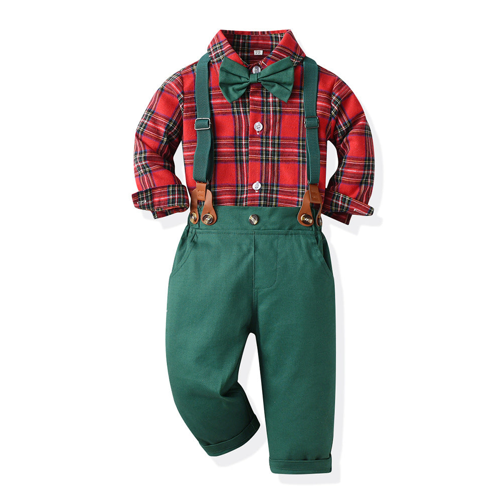 2 Pieces Set Baby Kid Boys Birthday Party Checked Bow Shirts And Solid Color Jumpsuits Wholesale 230411142