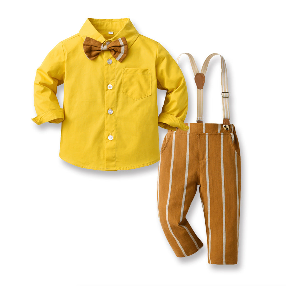 2 Pieces Set Baby Kid Big Kid Boys Birthday Party Solid Color Bow Shirts And Striped Jumpsuits Wholesale 230411145