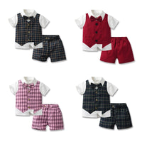 Load image into Gallery viewer, 3 Pieces Set Baby Kid Boys Solid Color Bow T-Shirts Checked Vests Waistcoats And Shorts Wholesale 230411147
