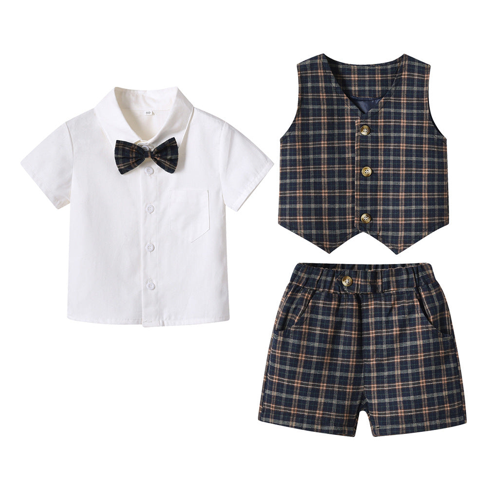 3 Pieces Set Baby Kid Boys Solid Color Bow T-Shirts Checked Vests Waistcoats And Shorts Wholesale 230411147