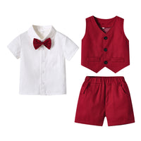 Load image into Gallery viewer, 3 Pieces Set Baby Kid Boys Solid Color Bow T-Shirts Checked Vests Waistcoats And Shorts Wholesale 230411147
