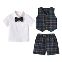 Load image into Gallery viewer, 3 Pieces Set Baby Kid Boys Solid Color Bow T-Shirts Checked Vests Waistcoats And Shorts Wholesale 230411147
