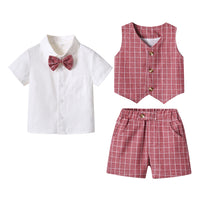 Load image into Gallery viewer, 3 Pieces Set Baby Kid Boys Solid Color Bow T-Shirts Checked Vests Waistcoats And Shorts Wholesale 230411147

