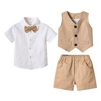 Load image into Gallery viewer, 3 Pieces Set Baby Kid Boys Solid Color Bow T-Shirts Checked Vests Waistcoats And Shorts Wholesale 230411147
