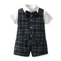 Load image into Gallery viewer, 3 Pieces Set Baby Kid Boys Solid Color Bow T-Shirts Checked Vests Waistcoats And Shorts Wholesale 230411147
