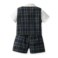 Load image into Gallery viewer, 3 Pieces Set Baby Kid Boys Solid Color Bow T-Shirts Checked Vests Waistcoats And Shorts Wholesale 230411147
