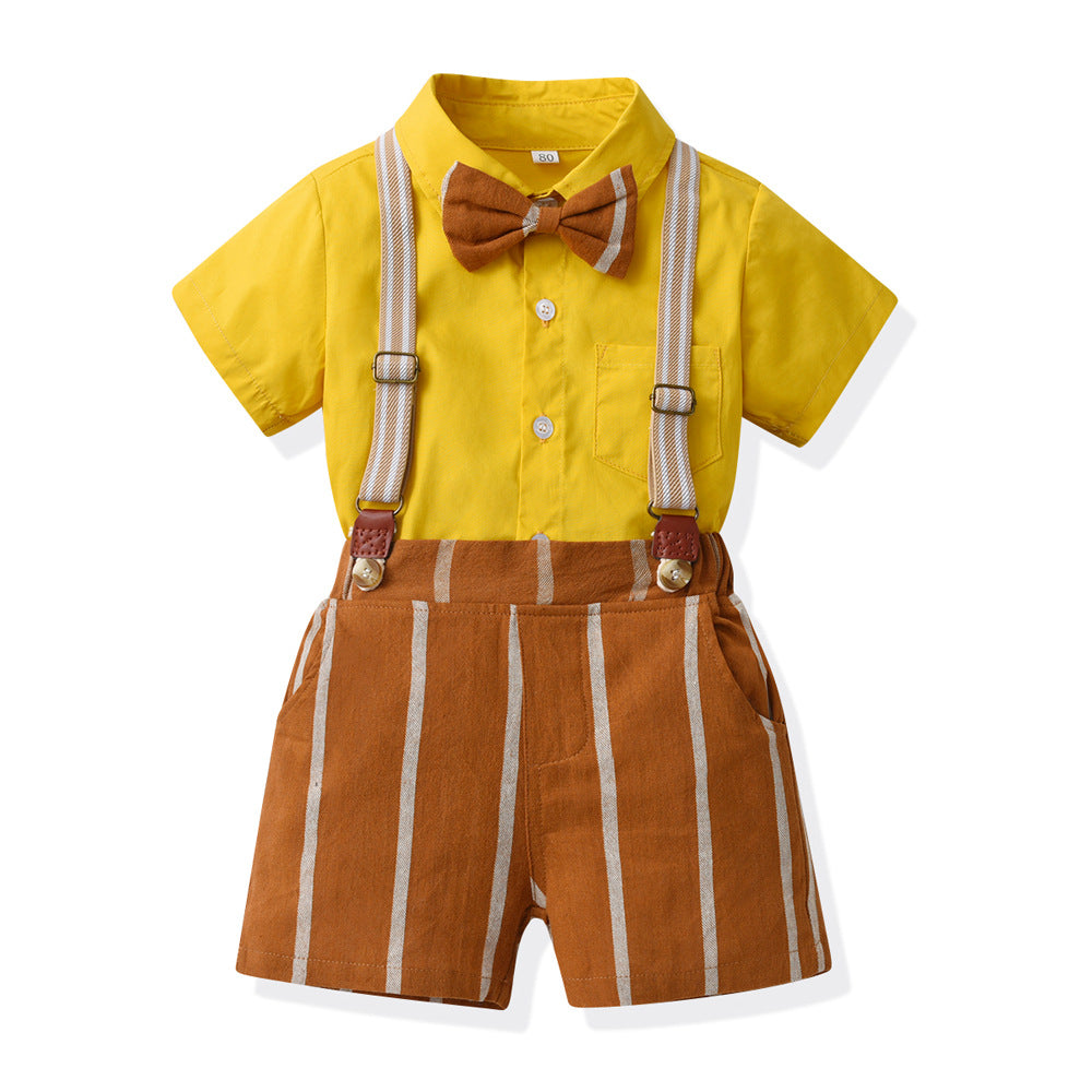 2 Pieces Set Baby Kid Boys Solid Color Bow Shirts And Striped Rompers Wholesale 230411148