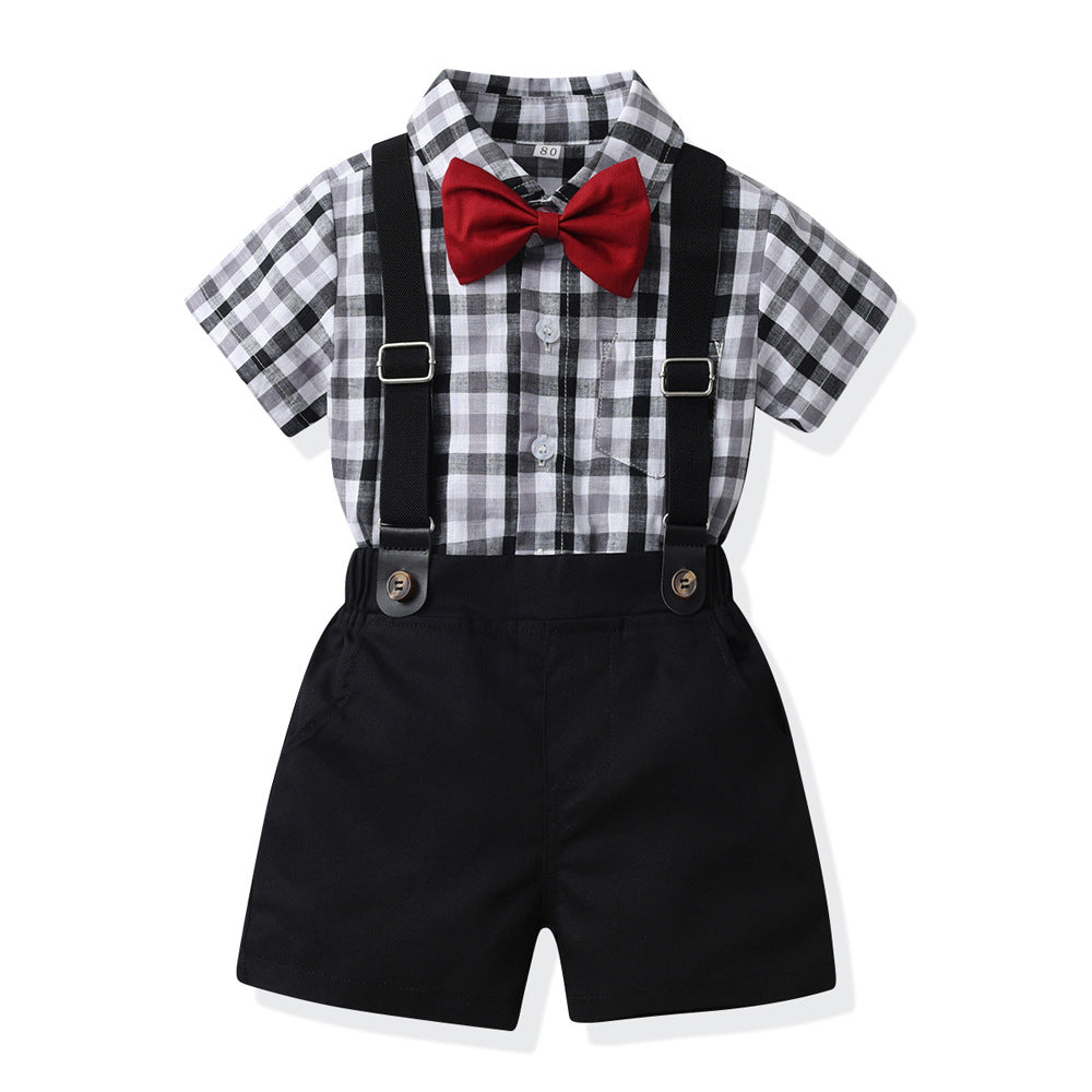 2 Pieces Set Baby Kid Boys Birthday Checked Bow Shirts And Solid Color Rompers Wholesale 230411149