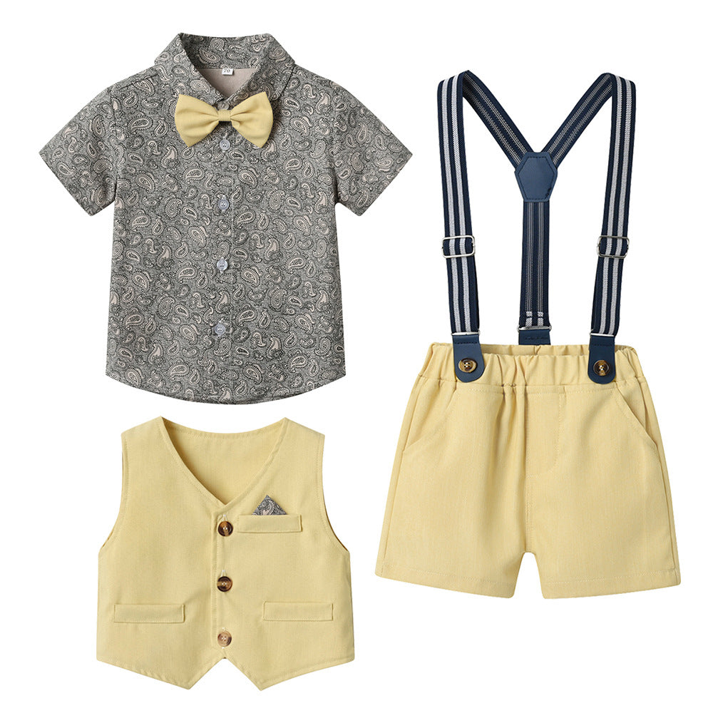 3 Pieces Set Baby Kid Boys Birthday Flower Bow Print Shirts Solid Color Vests Waistcoats And Rompers Wholesale 230411151